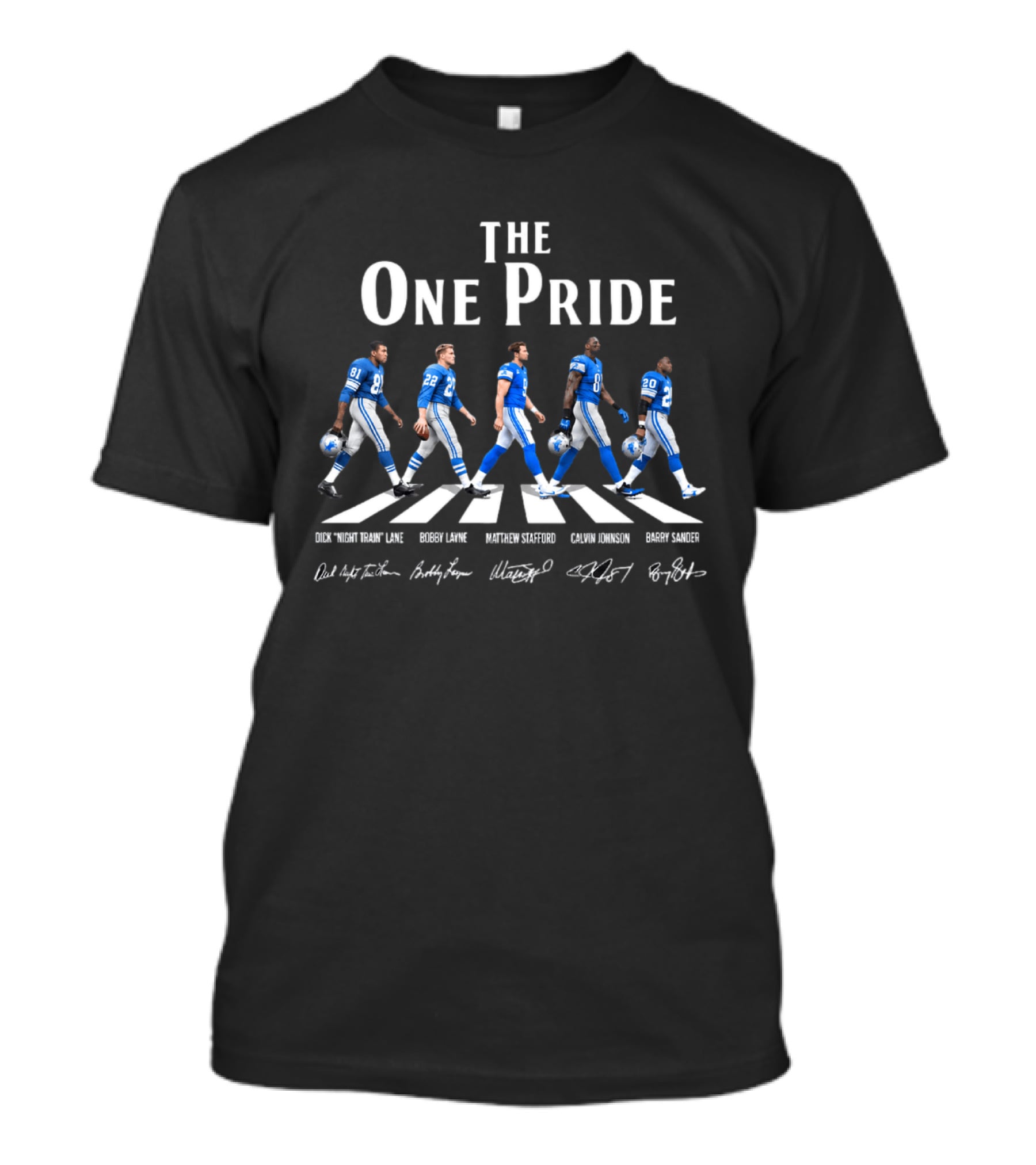 The One Pride Lions Calvin Johnson Matthew Stafford Barry Sanders Abbey Road T-Shirt
