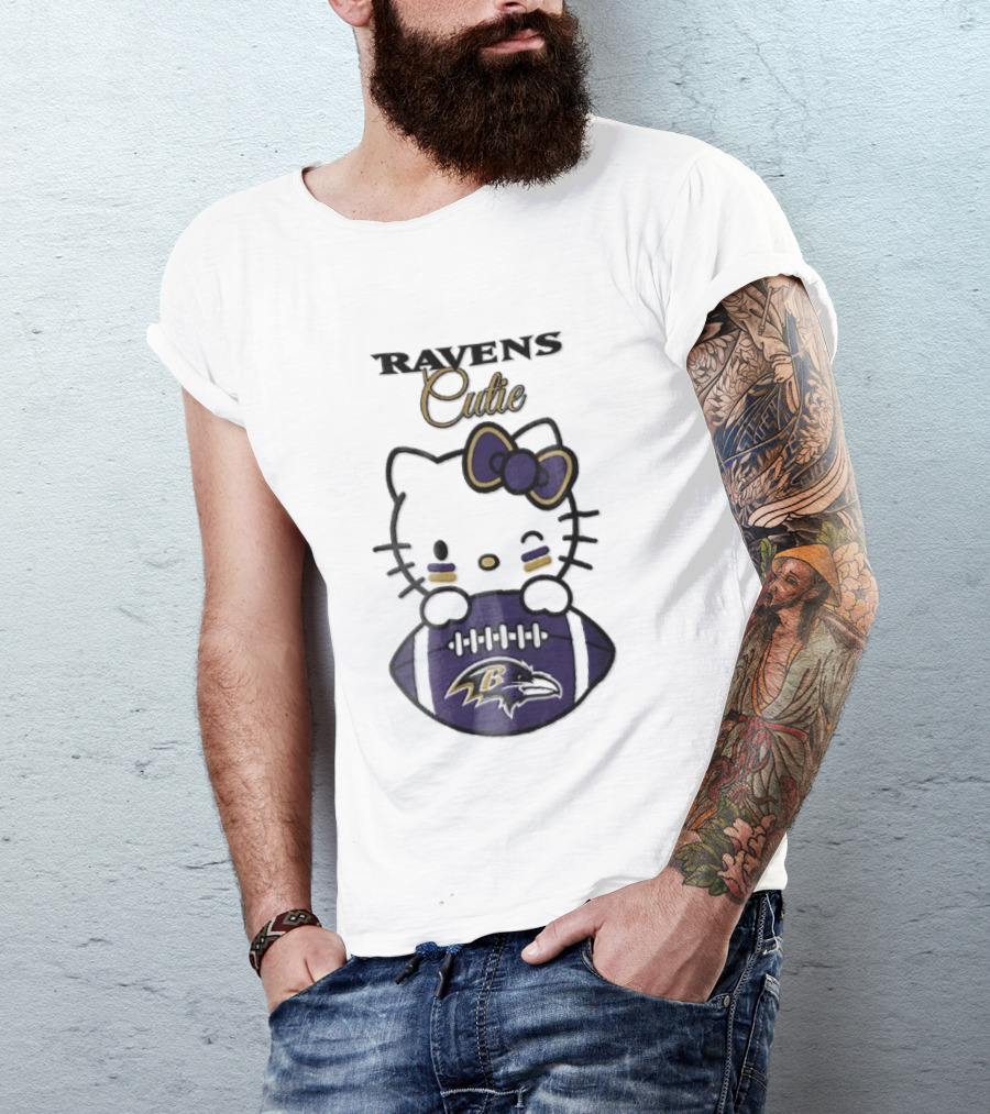 Ravens Cutie Hello Kitty Winking Holding Football T-Shirt