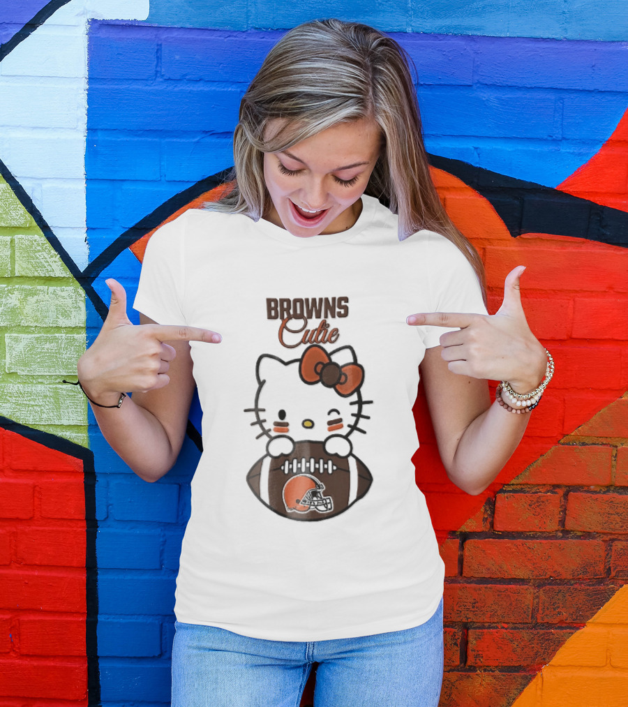 Browns Cutie Winking Cartoon Cat Bow Football T-Shirt