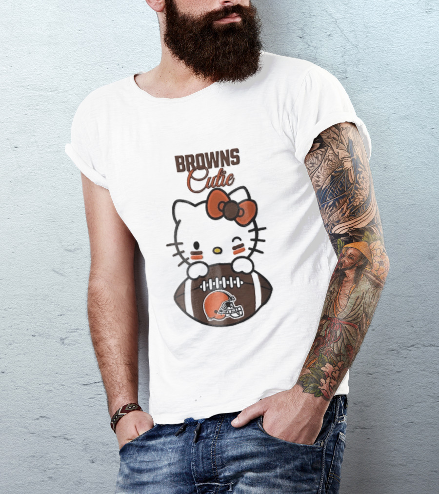 Browns Cutie Winking Cartoon Cat Bow Football T-Shirt