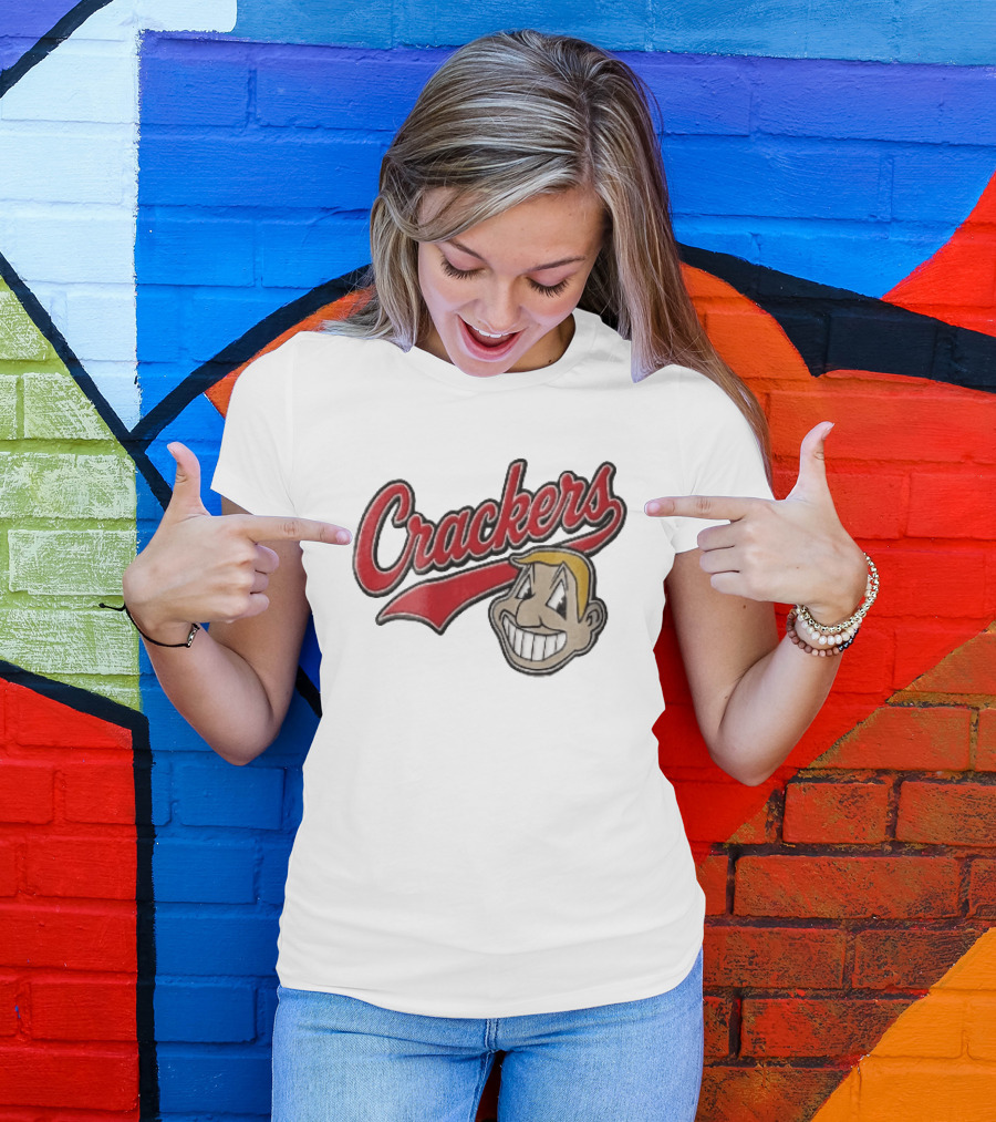 Crackers Cartoon Caricature Blonde Man Big Teeth Smile Red Script T-Shirt
