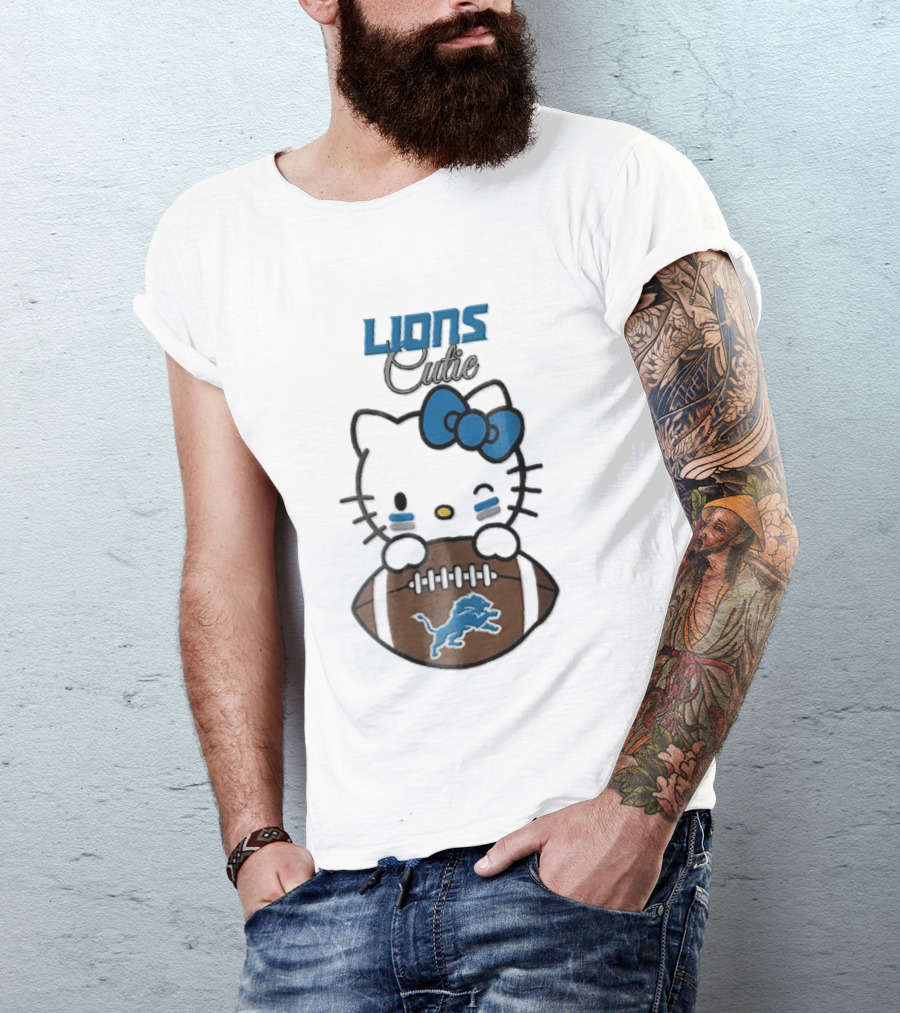 Detroit Lions Cute Cartoon Cat With Blue Bow Face Paint Football T-Shirt