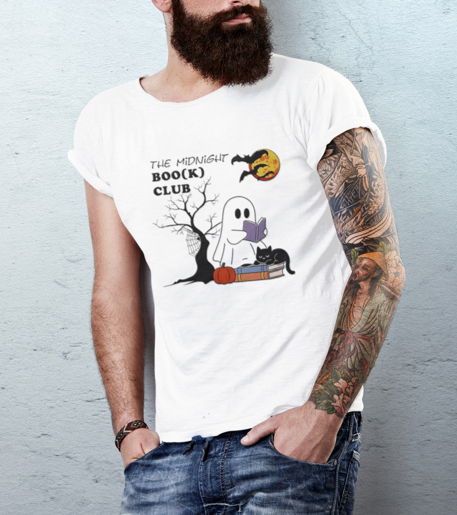 The Midnight Boo(k) Club Halloween Ghost Cat Pumpkin Moon T-Shirt