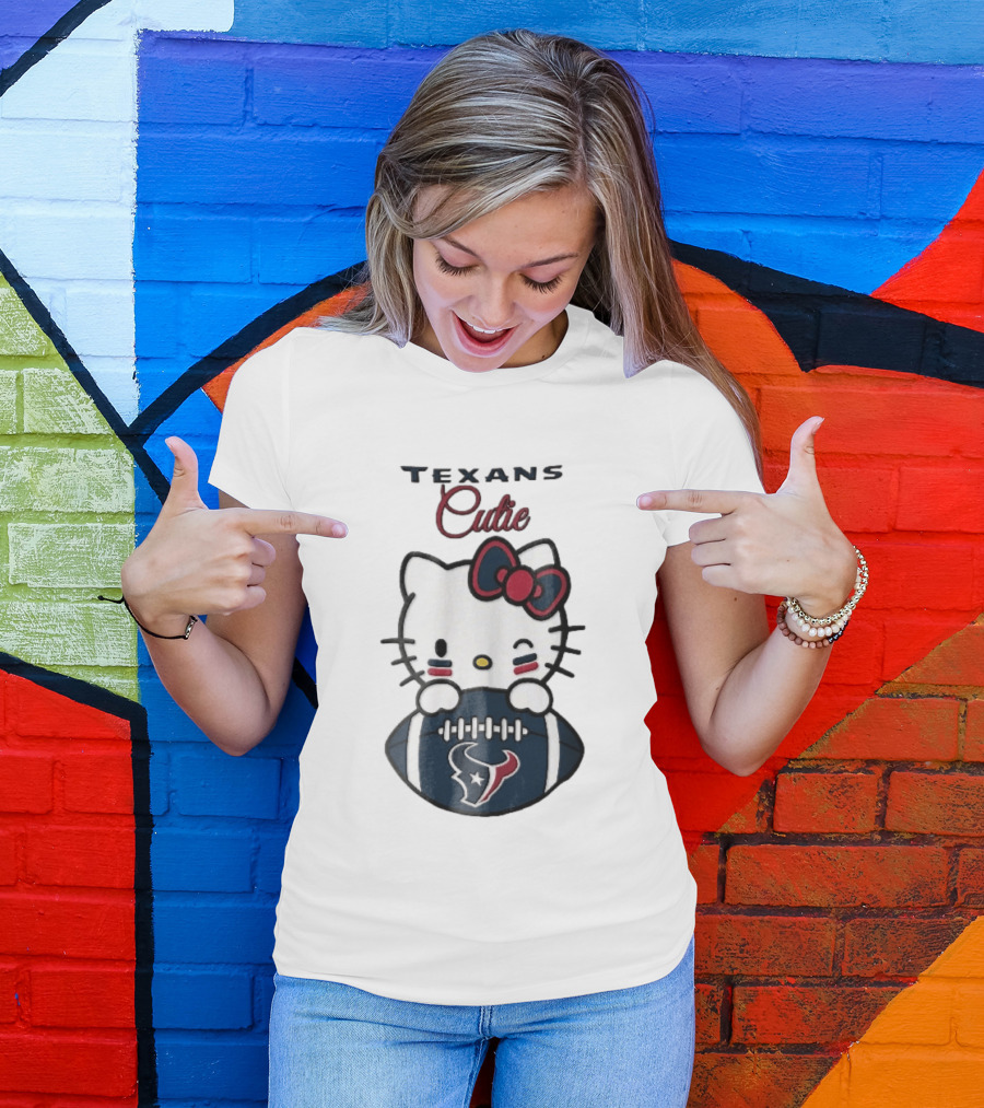 Texans Cutie Cartoon Cat Red Bow Winking Football T-Shirt