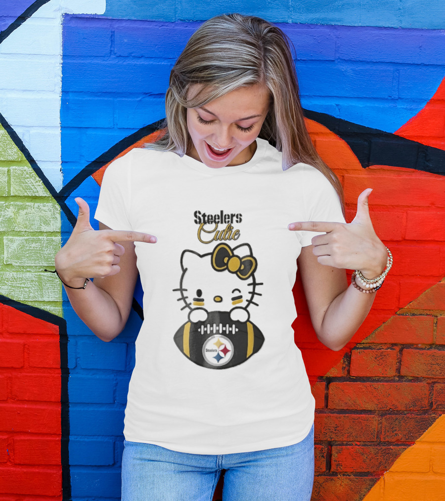 Steelers Cutie Winking Cartoon Cat Bow Football T-Shirt