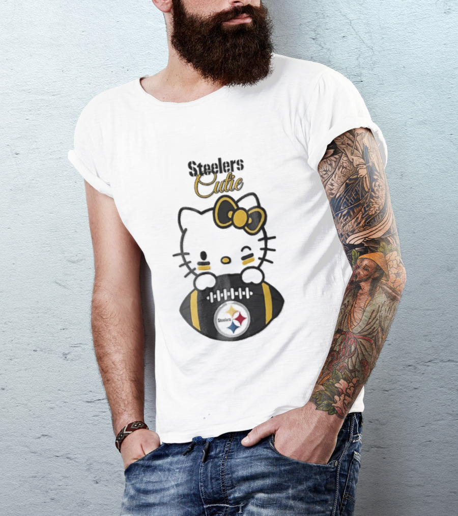 Steelers Cutie Winking Cartoon Cat Bow Football T-Shirt