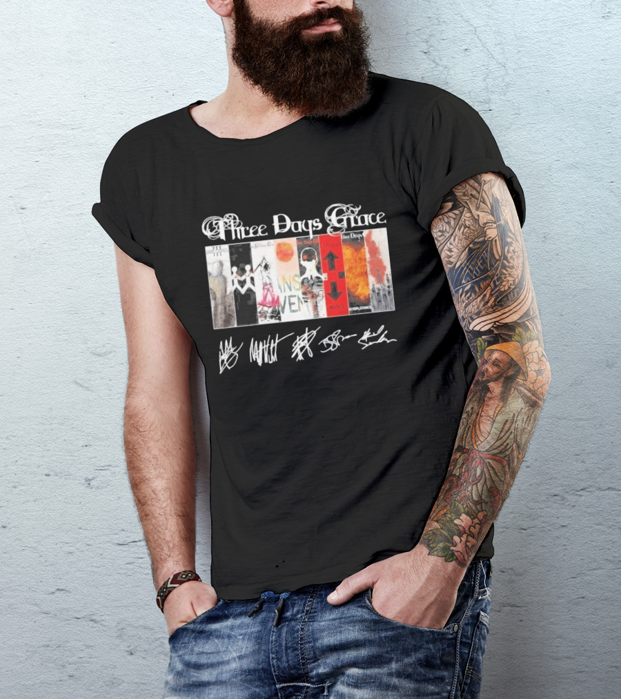 Three Days Grace All Album Covers Band Signatures T-Shirt