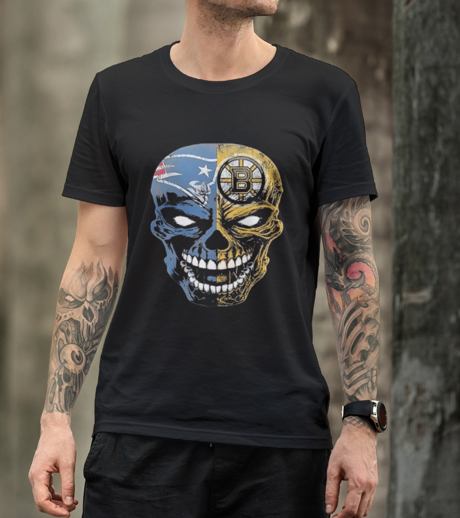 Boston Sports Skull New England Patriots Boston Bruins Fan Fusion T-Shirt