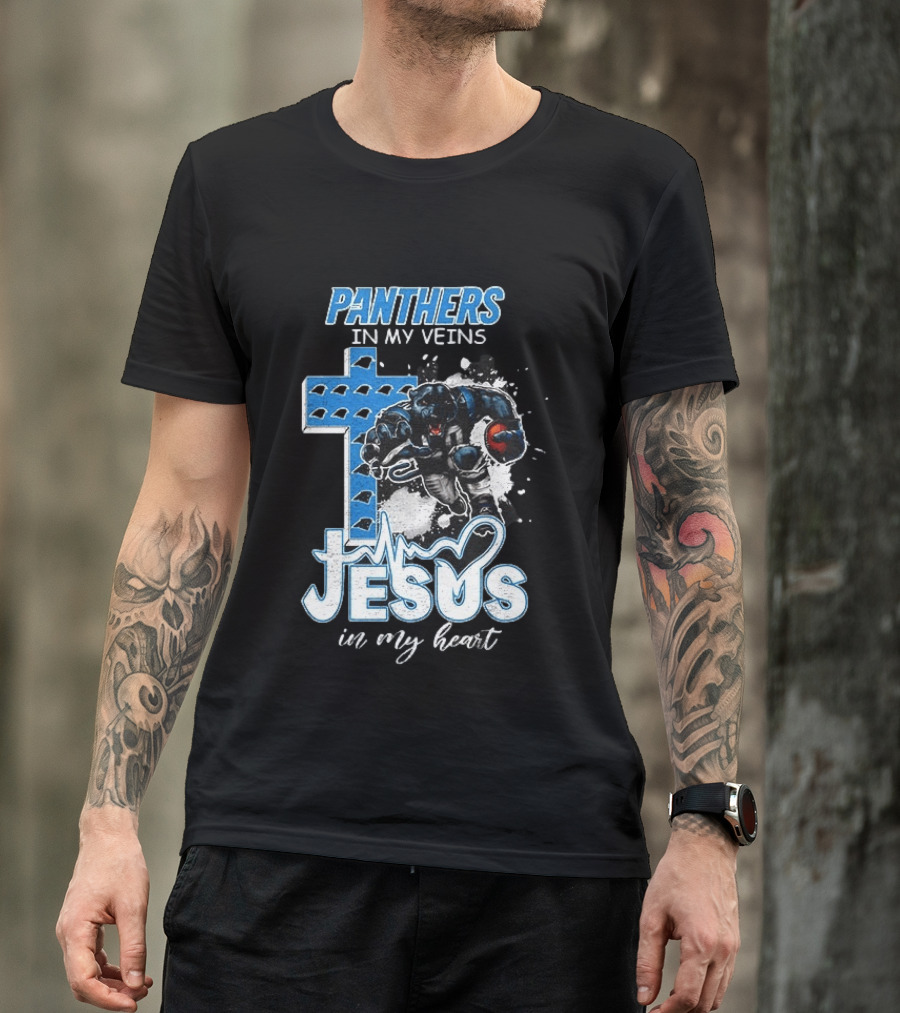 Panthers In My Veins Jesus In My Heart Carolina Football Athlete Cross T-Shirt