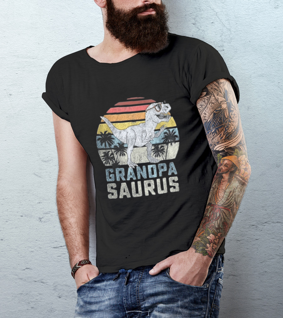 Grandpa Saurus Dinosaur Sunglasses Sunset Palms T-Shirt