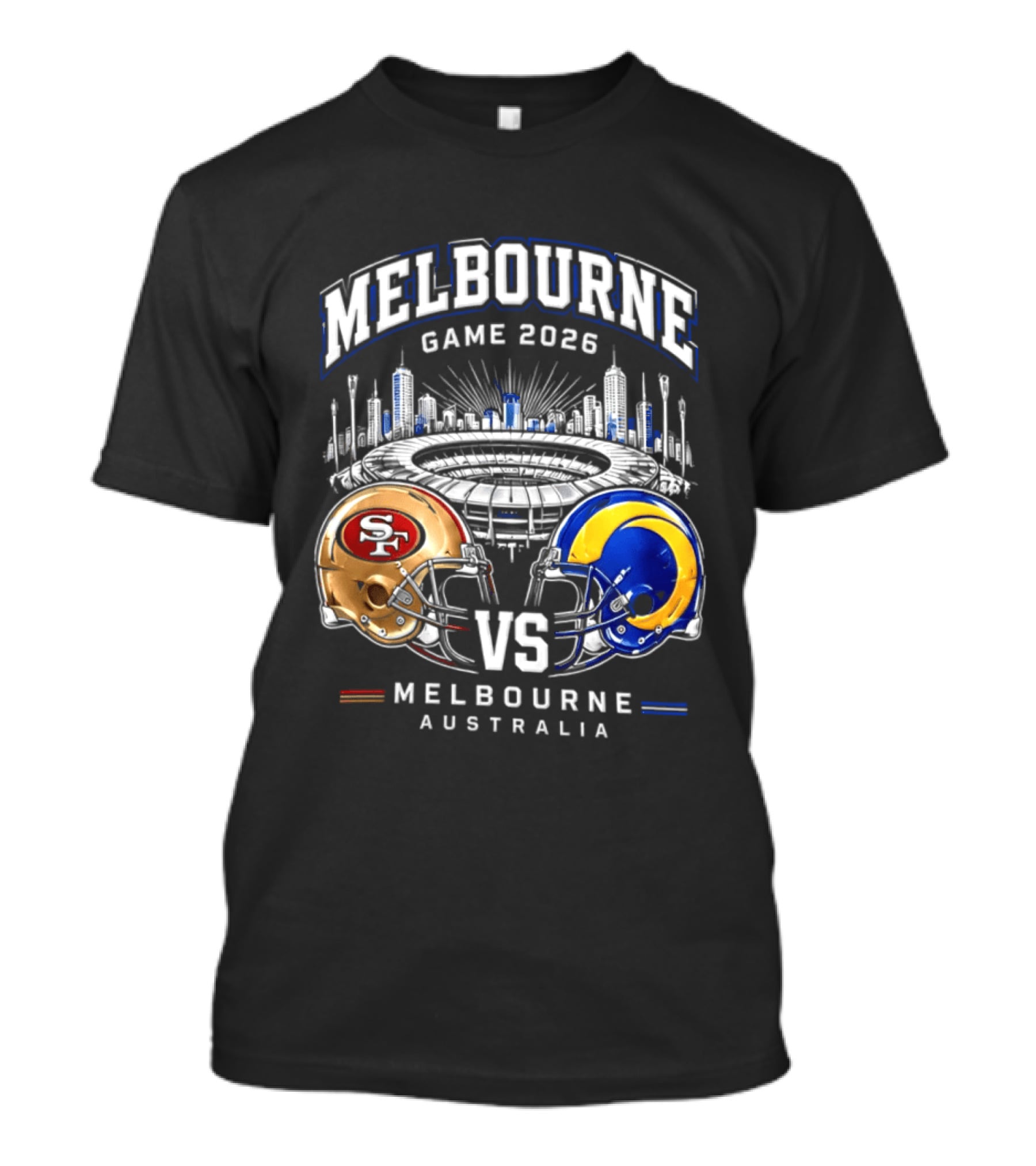 Melbourne Game 2026 San Francisco 49ers Vs Los Angeles Rams Australia Helmets T-Shirt