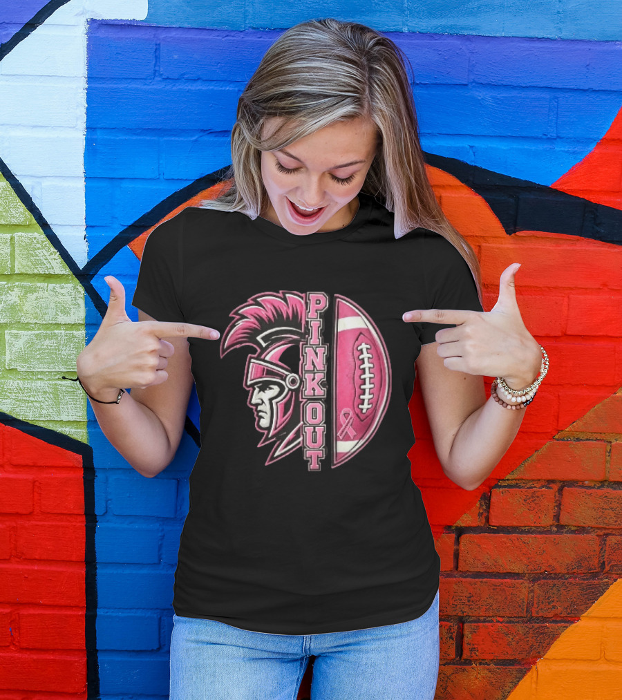 Maroa Forsyth Trojans Pink Out Football Helmet Breast Cancer Awareness Ribbon T-Shirt