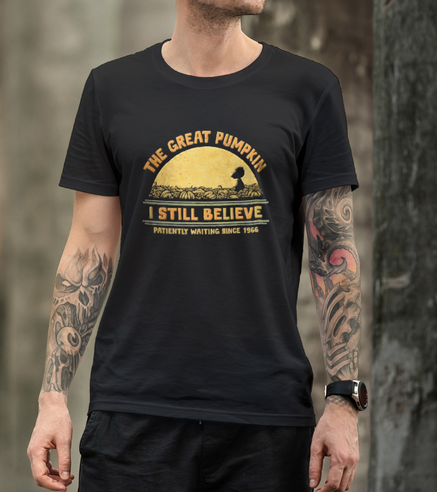 The Great Pumpkin I Still Believe Patiently Waiting Since 1966 Yellow Moon Snoopy Silhouette Distressed T-Shirt