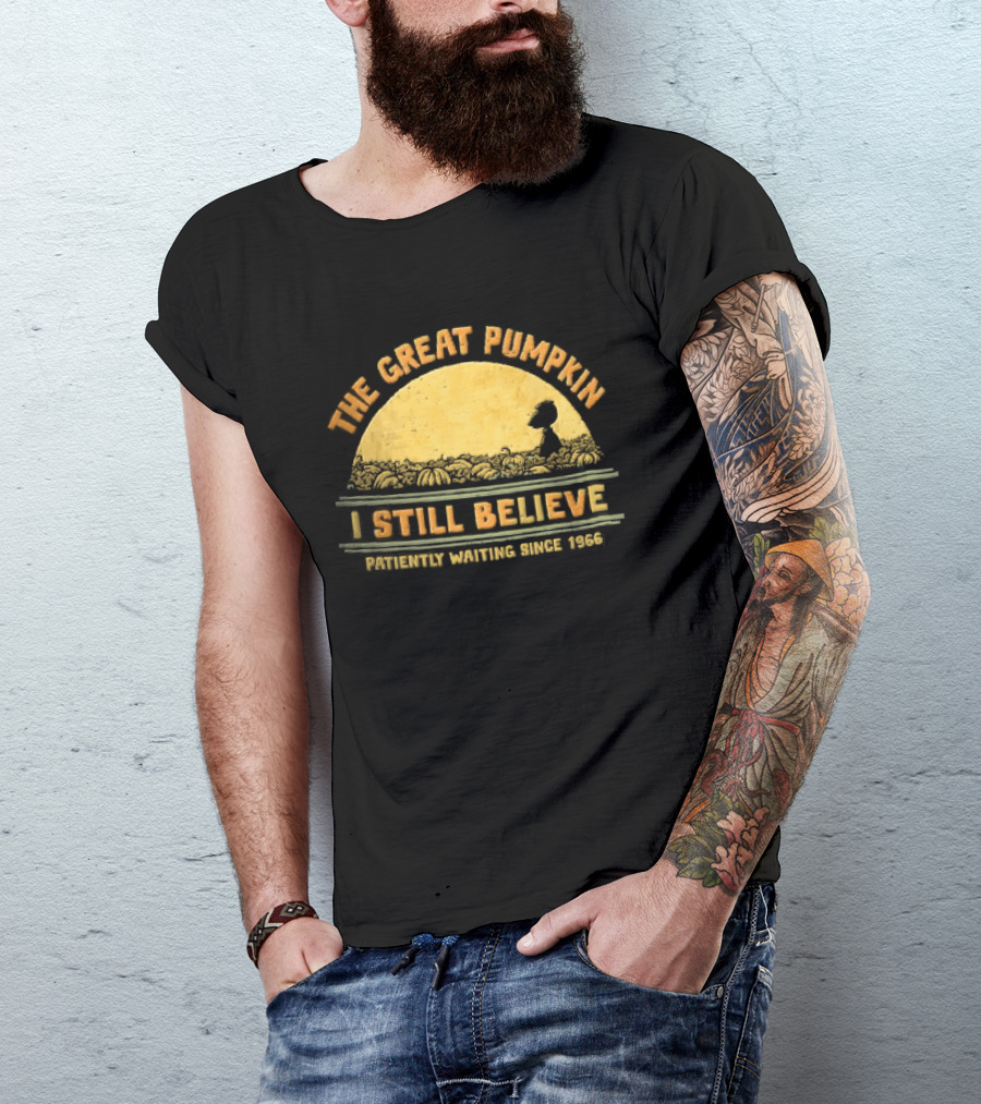 The Great Pumpkin I Still Believe Patiently Waiting Since 1966 Yellow Moon Snoopy Silhouette Distressed T-Shirt