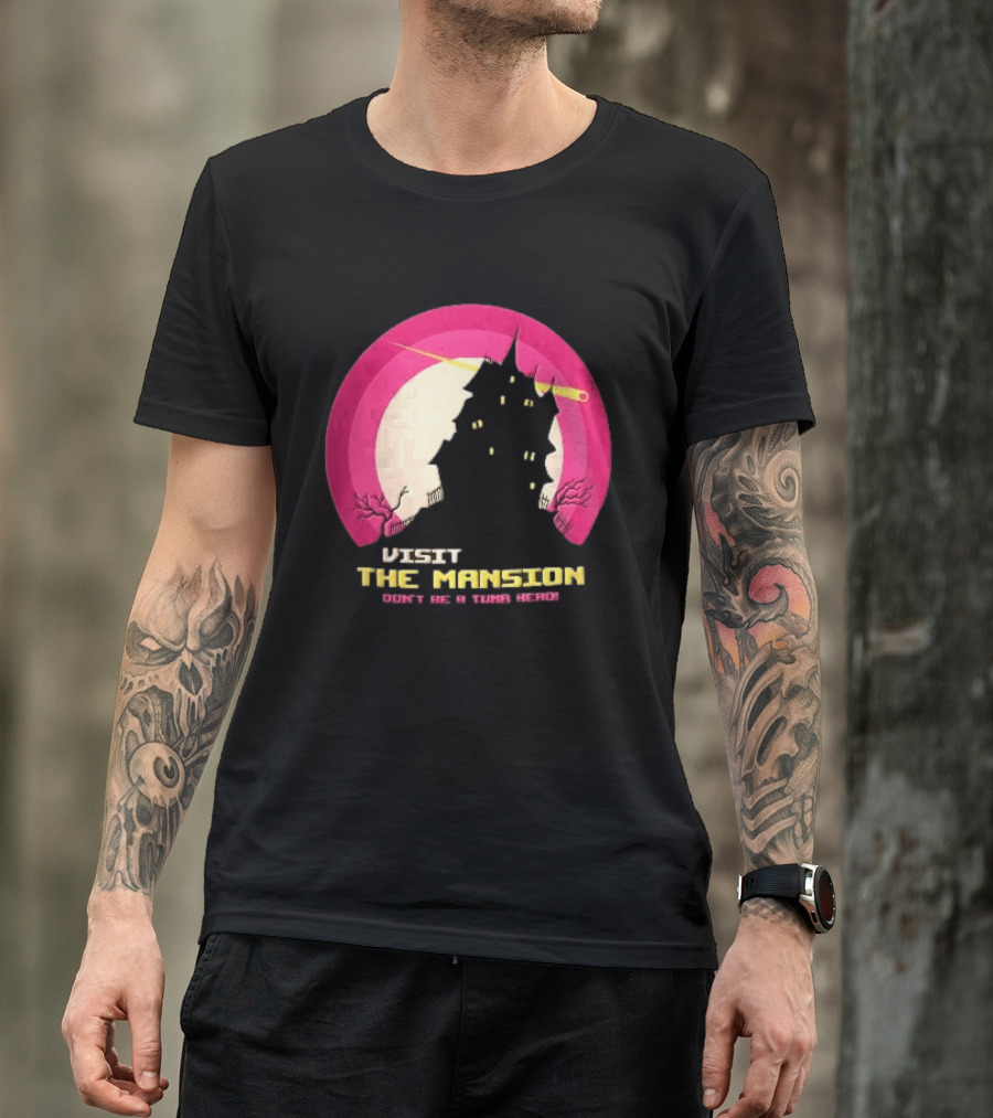 Visit The Mansion Don't Be A Tuna Head Pixel Spooky House Moon Skeleton Trees Yellow Meteor T-Shirt