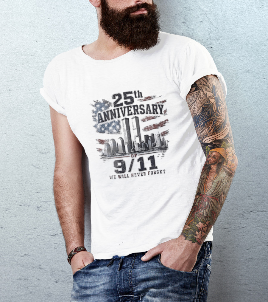 25th Anniversary 9 11 We Will Never Forget New York Skyline Twin Towers Distressed American Flag T-Shirt
