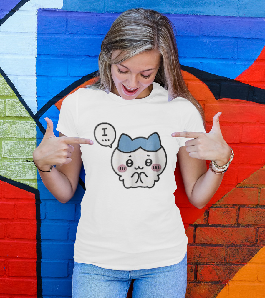 Shy White Cat With Blue Ears Blushing Expression Speech Bubble Text I T-Shirt