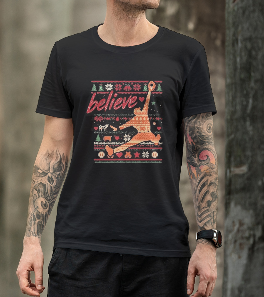 Believe Orioles Air Cowser Ugly Christmas Festive Sweater Baseball Catch T-Shirt