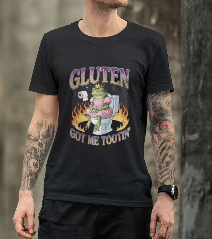 Gluten Got Me Tootin Cartoon Frog Princess Dress Toilet Flames T-Shirt
