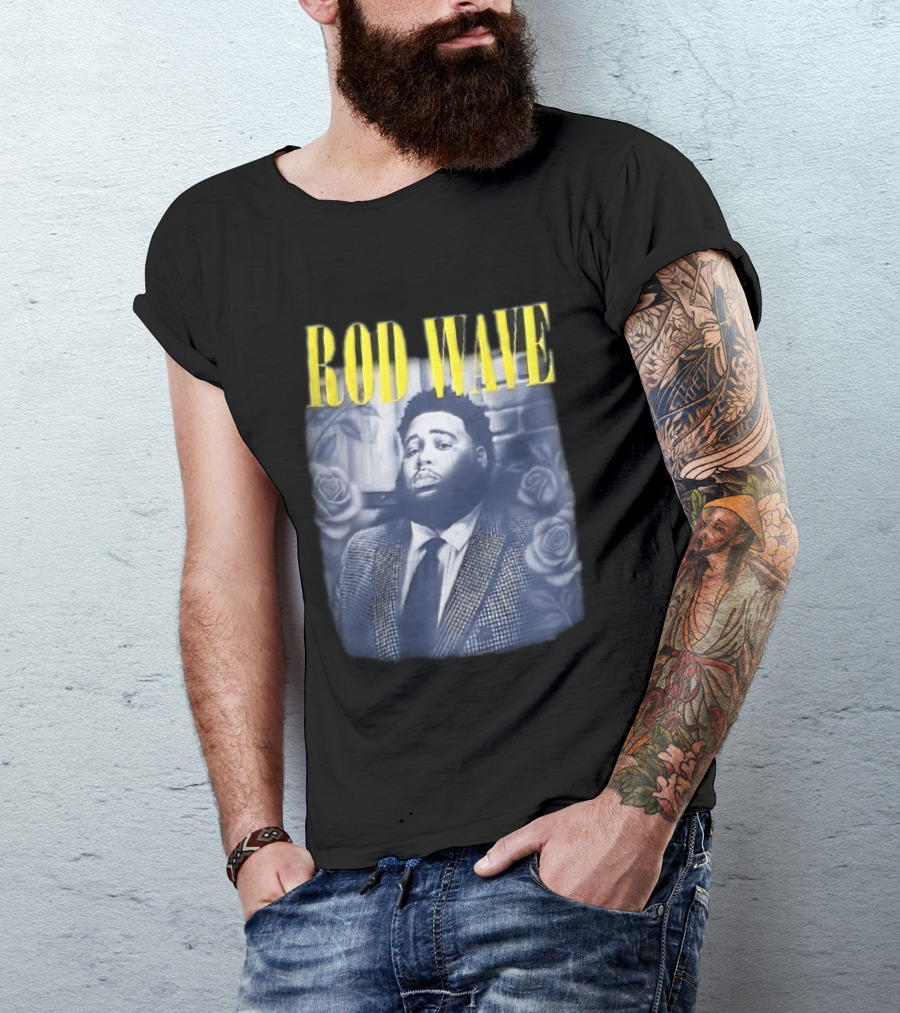 Rod Wave Yellow Bootleg Grayscale Suit Tie Roses Brick Wall T-Shirt