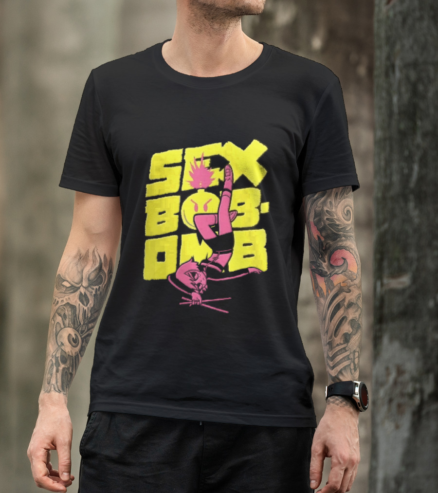 Sex Bob Omb Inverted Pink Cartoon Drummer With Drumsticks Bold Yellow T-Shirt