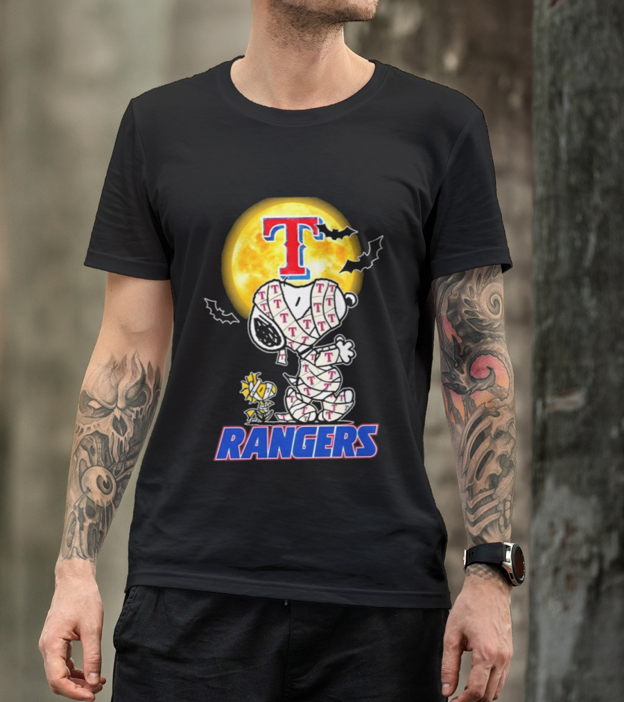 Texas Rangers Snoopy Woodstock Mummy Halloween Collaboration T-Shirt
