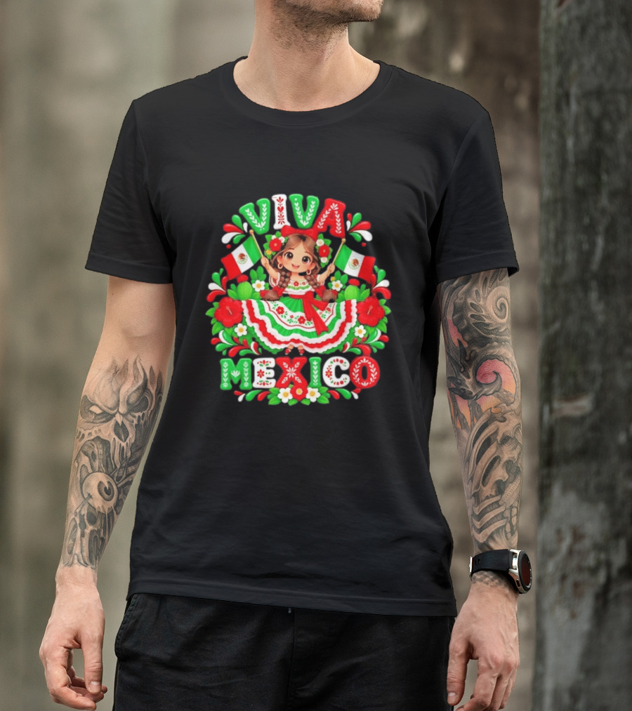 Viva Mexico Girl Festive Mexican Flags Floral Celebration T-Shirt
