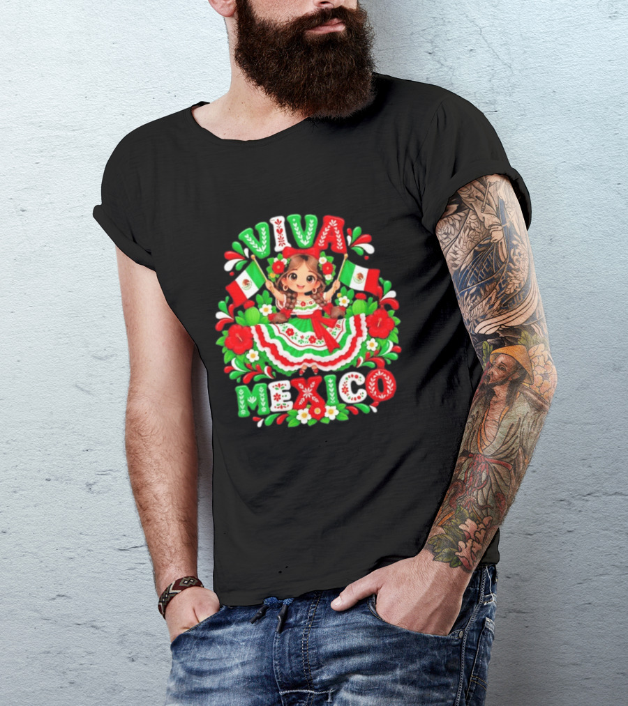 Viva Mexico Girl Festive Mexican Flags Floral Celebration T-Shirt