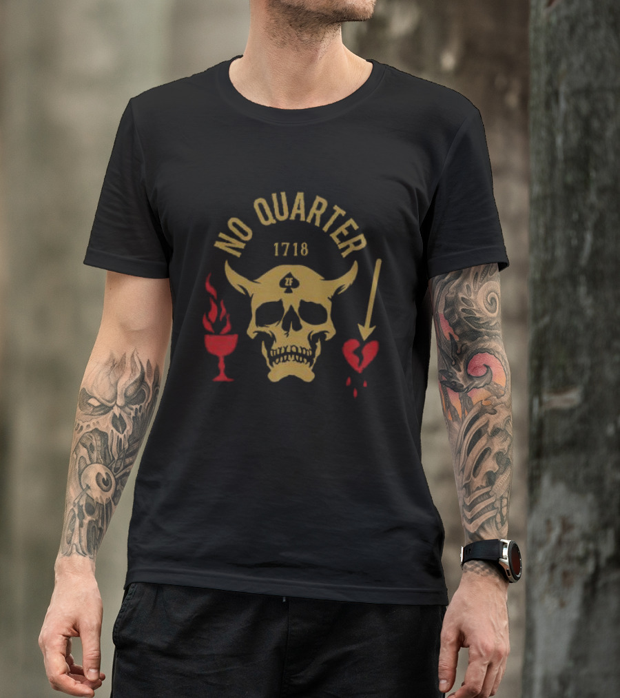No Quarter 1718 Skull Red Heart Flame Arrow T-Shirt