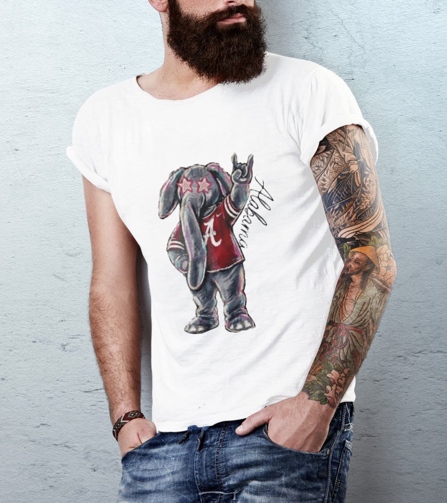 Alabama Crimson Tide Elephant Pink Star Glasses Hand Sign Sketch T-Shirt