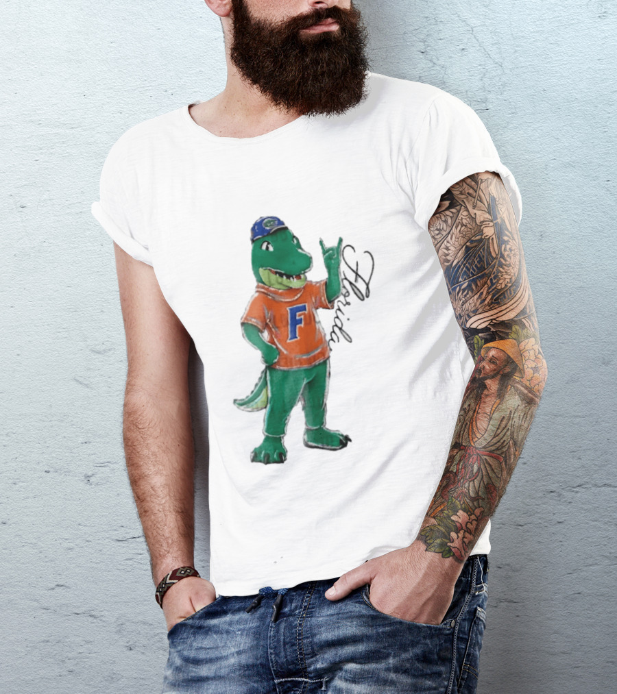 Florida Gators NCAA Albert Mascot Cartoon Alligator Raising Hand T-Shirt