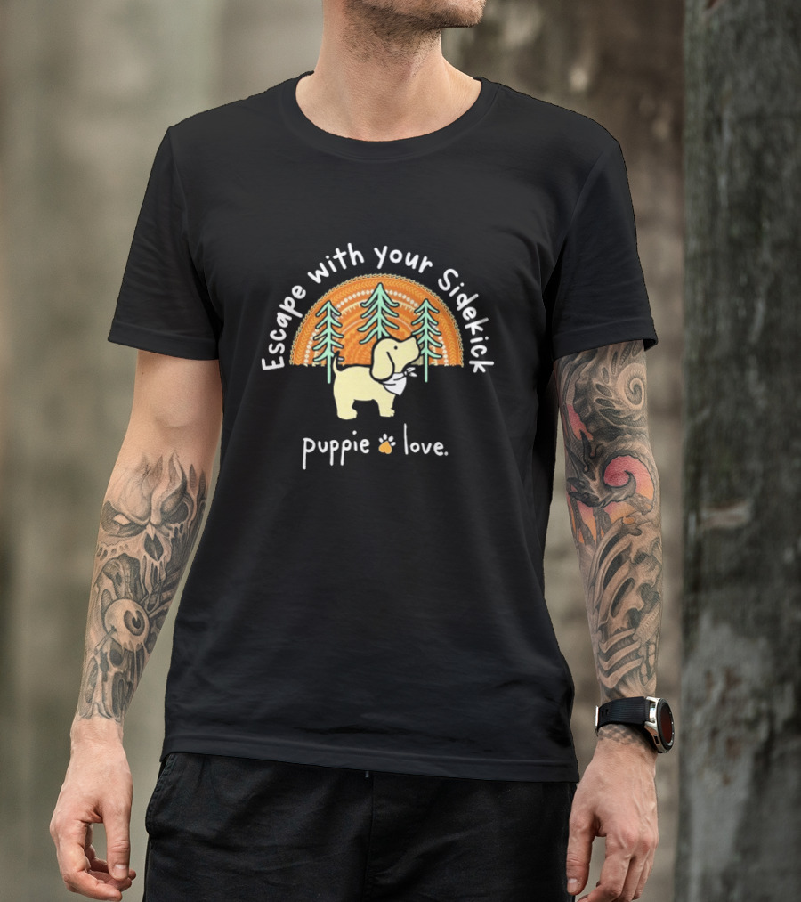Puppie Love Escape With Your Sidekick Forest Adventure Vintage Sunset T-Shirt