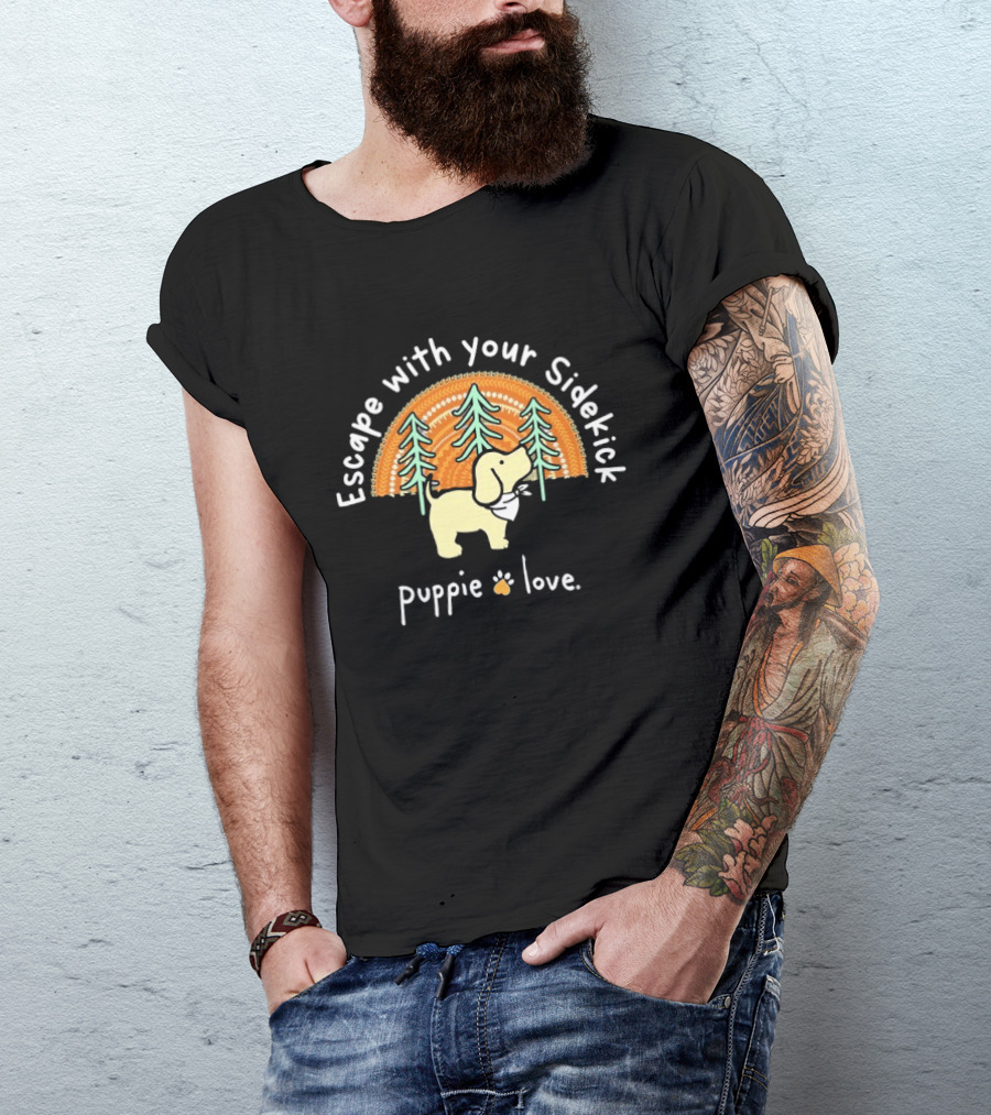 Puppie Love Escape With Your Sidekick Forest Adventure Vintage Sunset T-Shirt