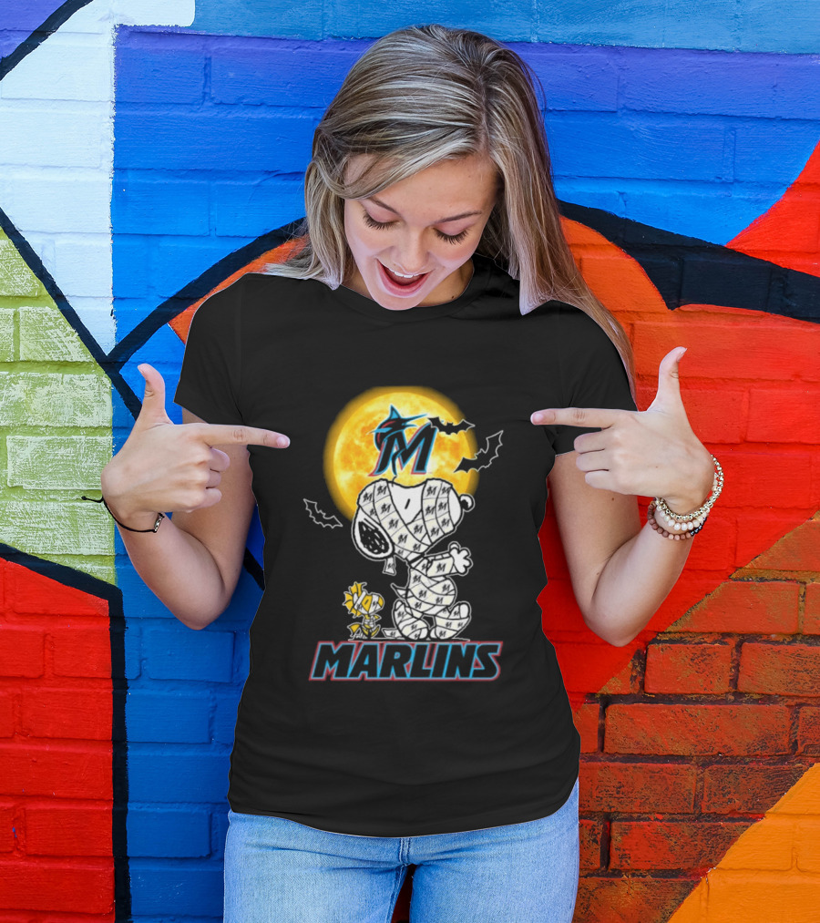 Miami Marlins Snoopy Woodstock Mummy Halloween Moon T-Shirt