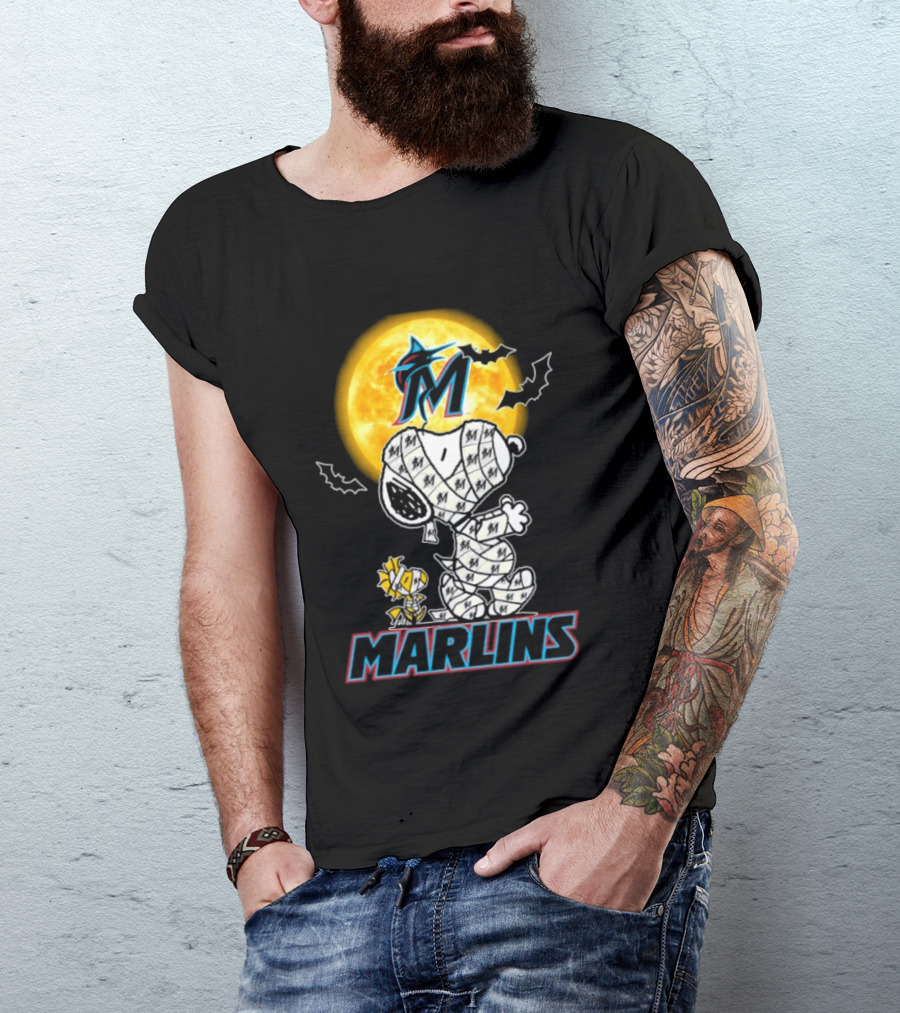 Miami Marlins Snoopy Woodstock Mummy Halloween Moon T-Shirt