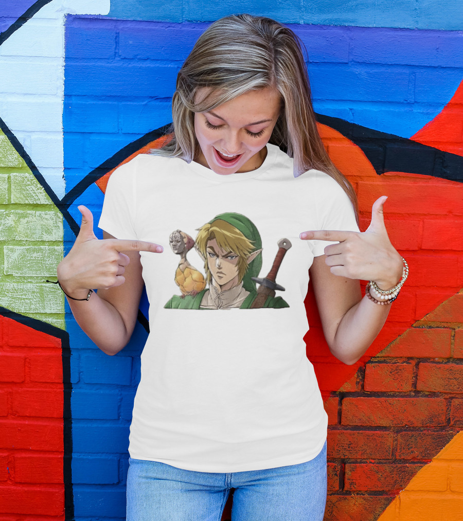 Anime Blonde Elf Knight In Green Tunic With Sword And Strange Bird Companion T-Shirt