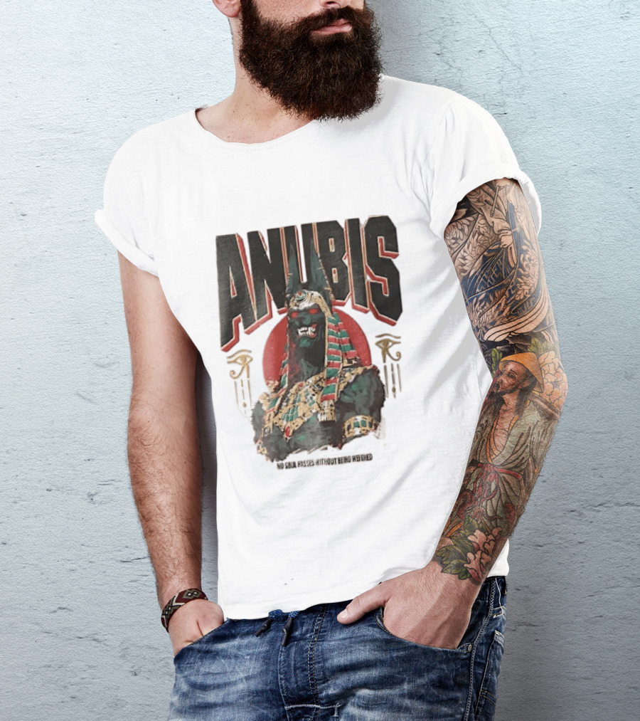 Anubis Jackal Headed Egyptian God Distressed No Soul Passes Without Being Weighed Sun T-Shirt