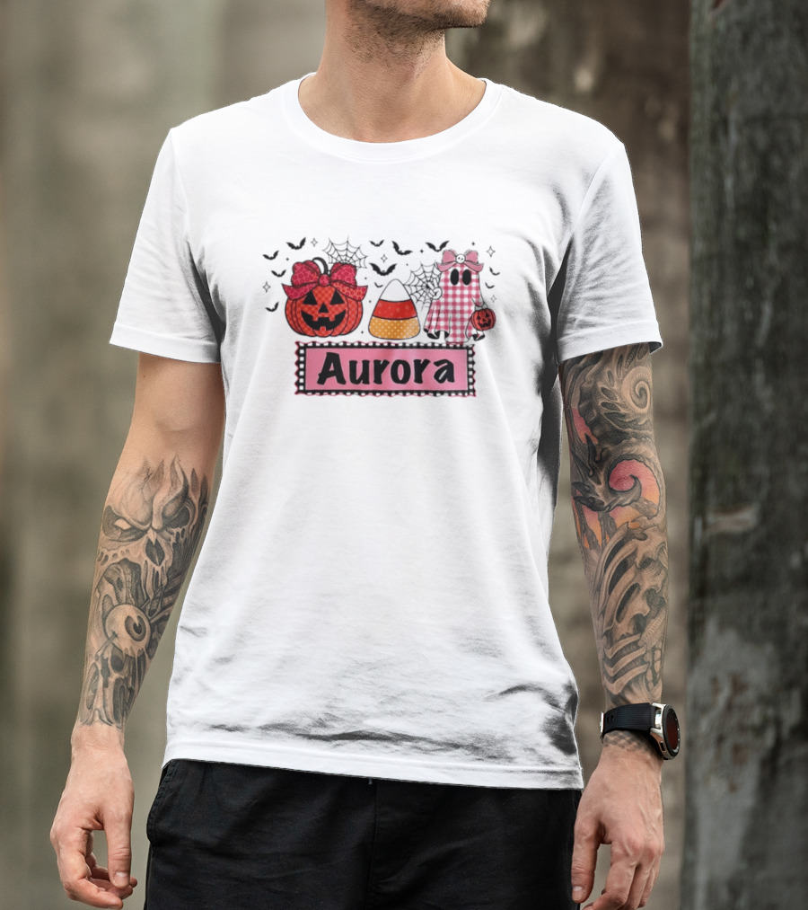 Aurora Halloween Pumpkin Ghost Candy Corn And Spiderwebs T-Shirt