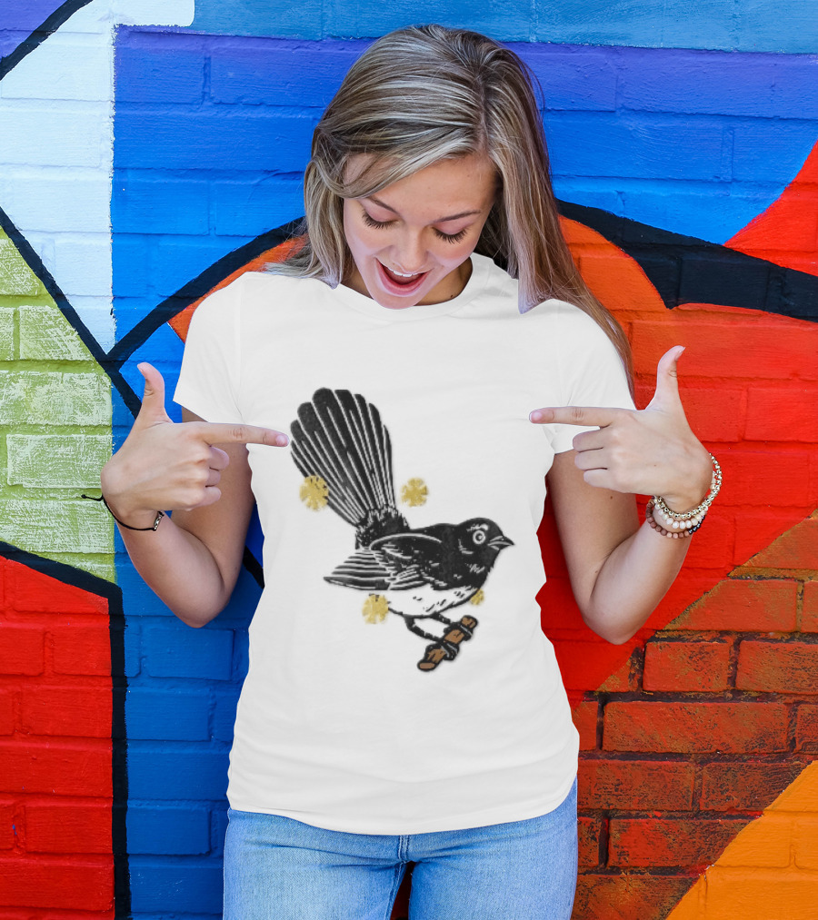 Black White Linocut Fantail Bird Branch Yellow Flowers T-Shirt