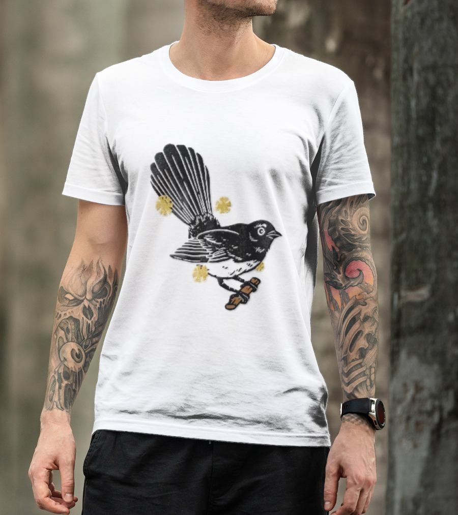 Black White Linocut Fantail Bird Branch Yellow Flowers T-Shirt