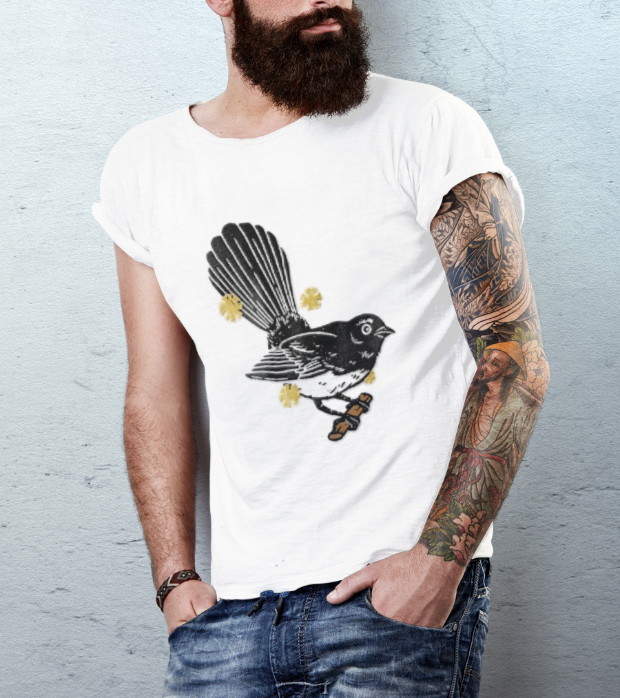 Black White Linocut Fantail Bird Branch Yellow Flowers T-Shirt
