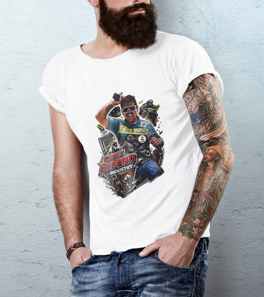 Cebu Enduro Industry Host With Microphone And Dirt Bike Riders Caricature T-Shirt