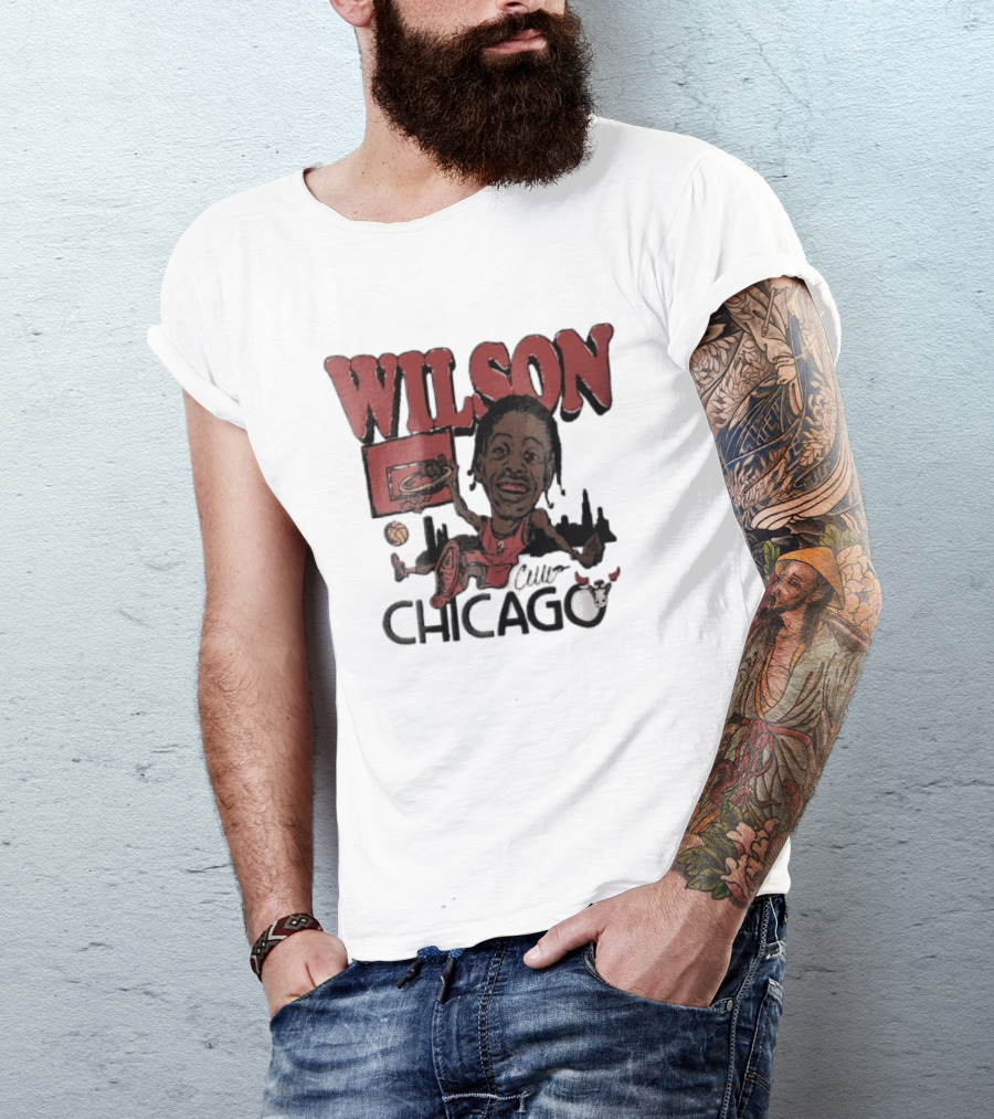 Chicago Bulls Wilson Cartoon Caricature Dunking City Skyline T-Shirt