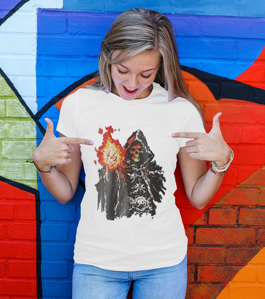 Hooded Skeleton Sorcerer With Glowing Red Fireball T-Shirt