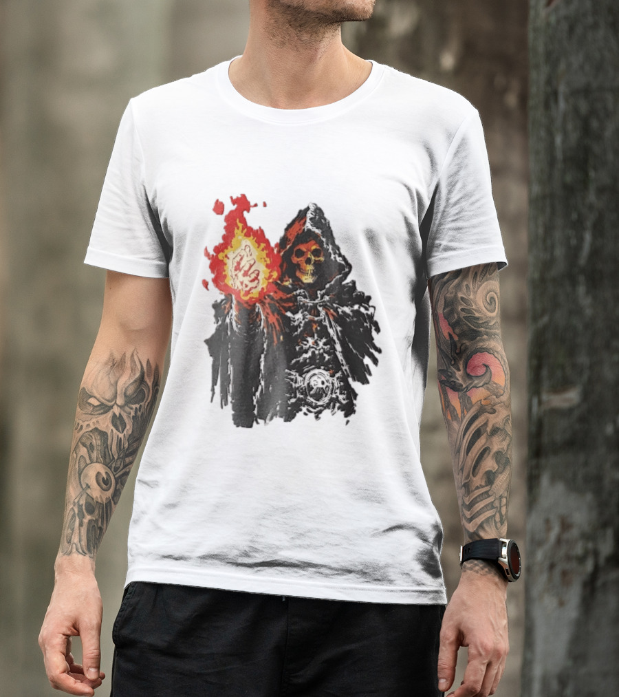 Hooded Skeleton Sorcerer With Glowing Red Fireball T-Shirt