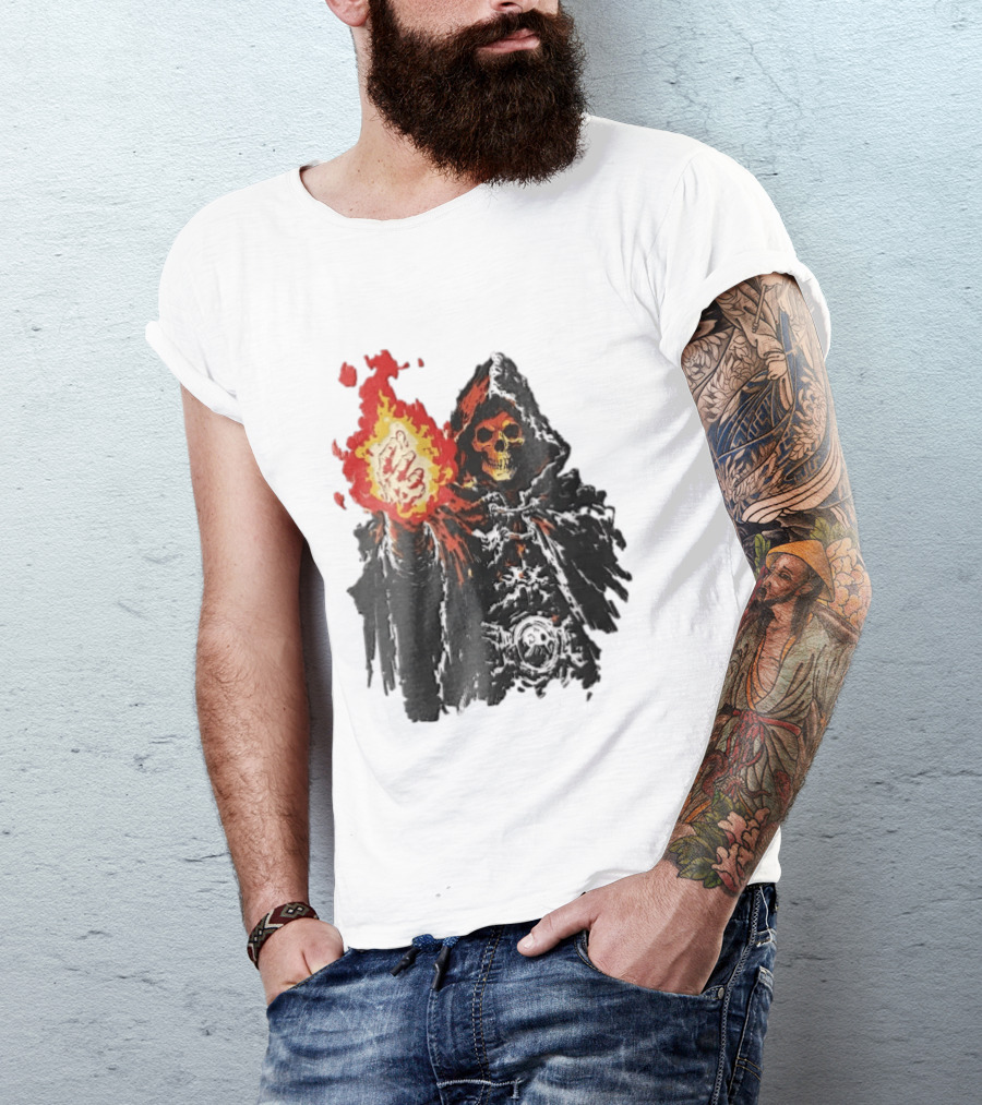 Hooded Skeleton Sorcerer With Glowing Red Fireball T-Shirt