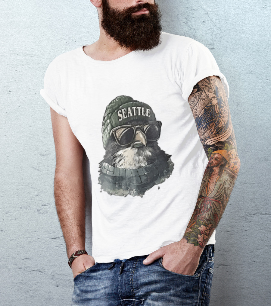 Seattle Beanie Hawk Cartoon With Sunglasses And Scarf T-Shirt