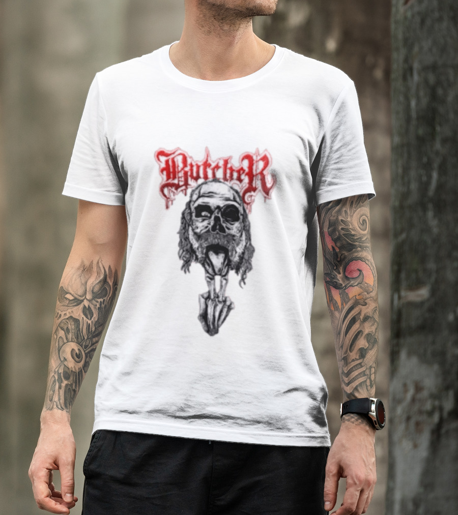Butcher Skull With Gothic Red Text And Grim T-Shirt