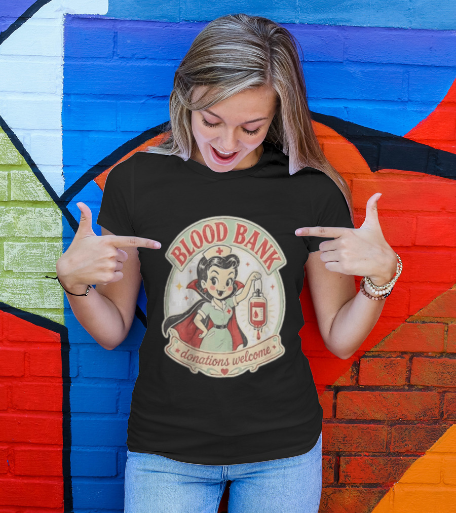 Blood Bank Donations Welcome Vampire Nurse Retro Cartoon T-Shirt