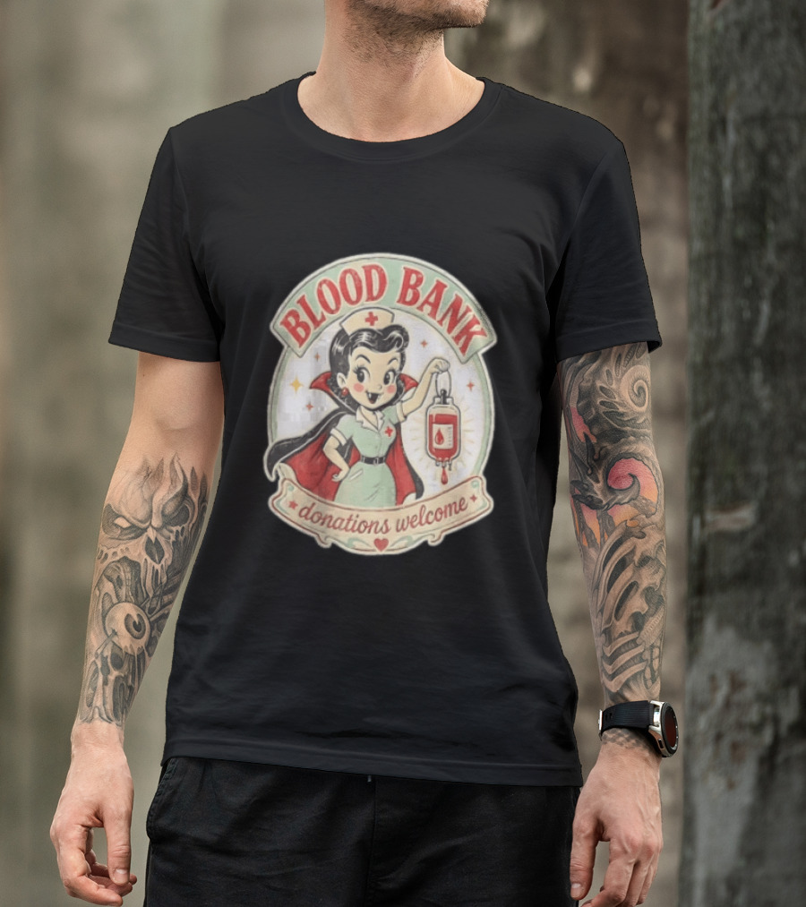Blood Bank Donations Welcome Vampire Nurse Retro Cartoon T-Shirt